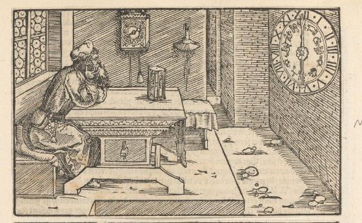 Old man looking at an hourglass and wall clocks with his head in his hands
