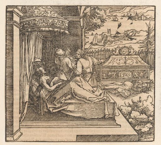 Dying man pointed at a sarcophagus by grave diggers