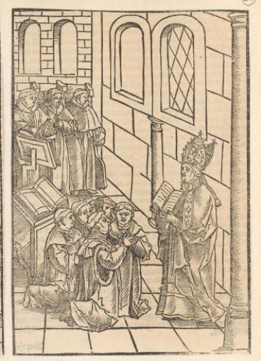 Kneeling monks before a bishop
