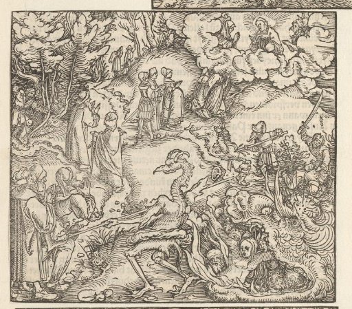 Christ on a mountain while the devil tries to take one of the pilgrims to hell