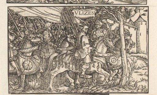 Odysseus disguised as a jester and his troops at a city gate
