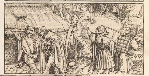 Two men with a candle and another man pointing something out to a traveler