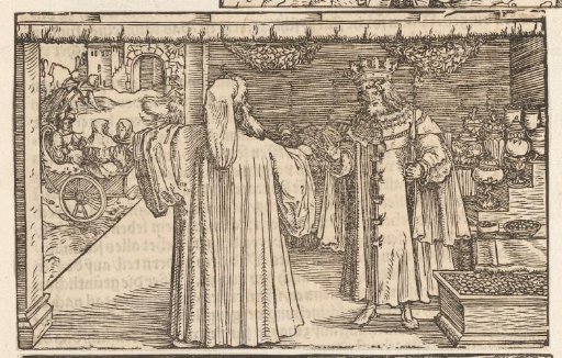 King in conversation with a wise man in a treasury