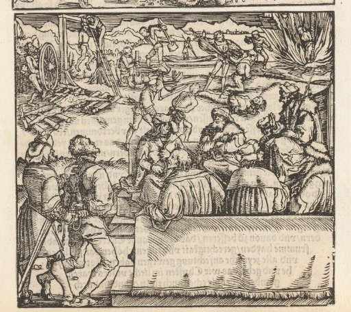 Prisoner being led forward and deadly torture methods in the rear