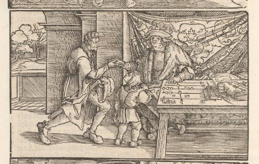 Moneylender Greets a Man and a Child