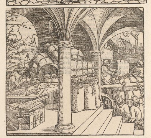 Man at work in a cellar vault where sacks of money are stored