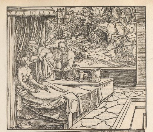 A sick man in bed being cared for