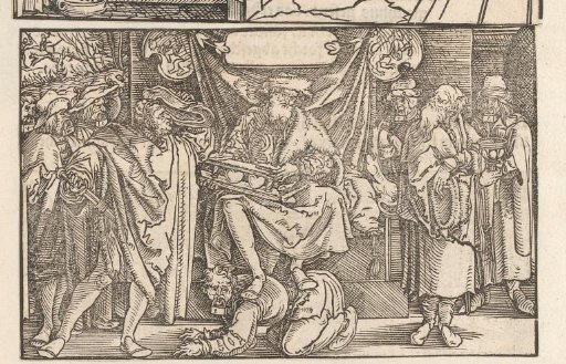 A tyrant on his throne while a man draws a sword