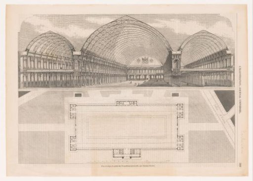 View of the interior of the Palais de l'Industrie with a floor plan