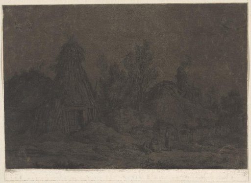 Moonlight scene with figures before a hut