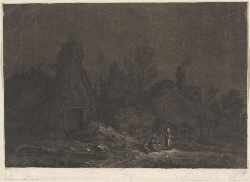 Moonlight scene with figures before a hut