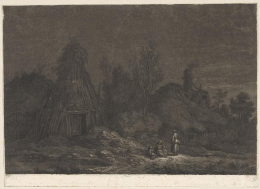 Moonlight scene with figures before a hut