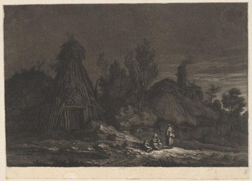 Moonlight scene with figures before a hut