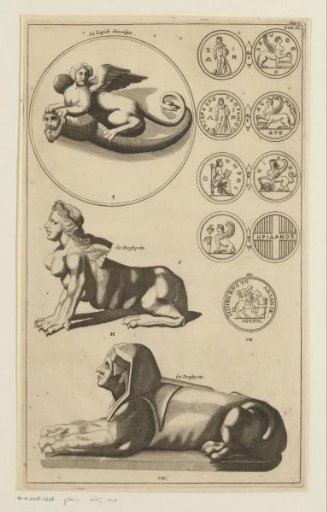 Various coins and three statues of sphinxes