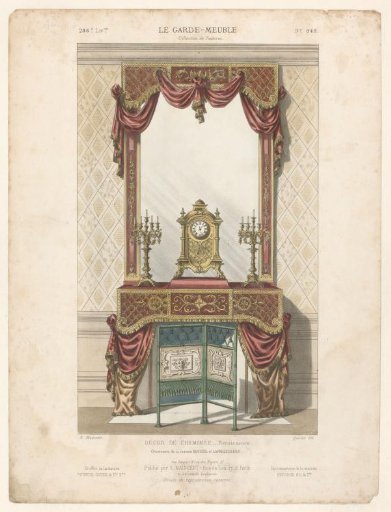 Fireplace with mirror, clock and draperies in Renaissance style