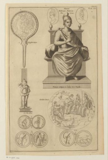 Composition with mirror, coins, cameo and a figure from the Vergilius Romanus