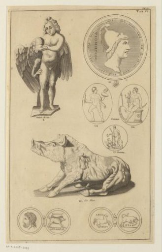 Composition with two bronze statues, coins and gems