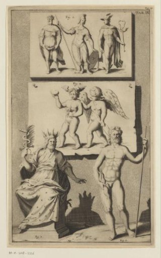 Composition with relief, drawing or painting and two statues of Asklepios and Jupiter