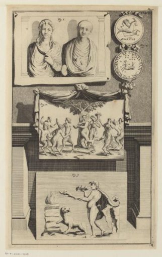 Composition with drawings, paintings, coins and reliefs with portraits and a bacchanal