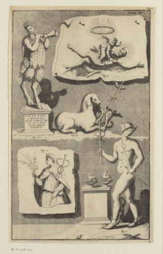 Composition with drawings and sculptures of Pan and Mercury
