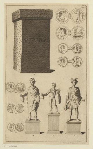 Composition with coins, a pedestal or altar, and three statues of Mercury