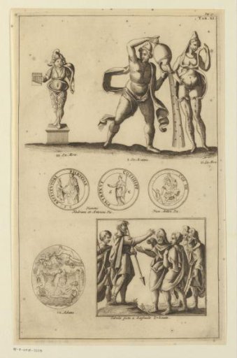 Composition with coins, a cameo, a painting, and three statues of Pan, the constellation Aquarius, and a woman