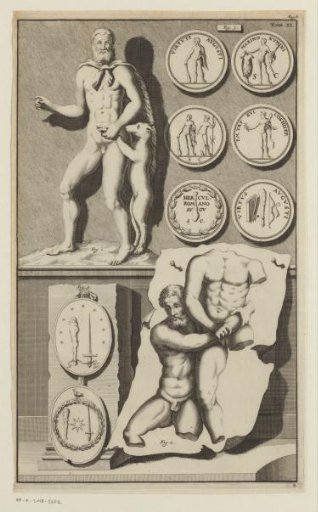 Composition with a statue, coins or medallions, and a drawing of Heracles