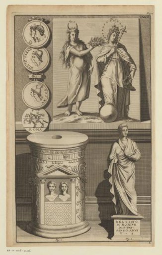 Composition with reliefs or coins and images of various figures, including Artemis
