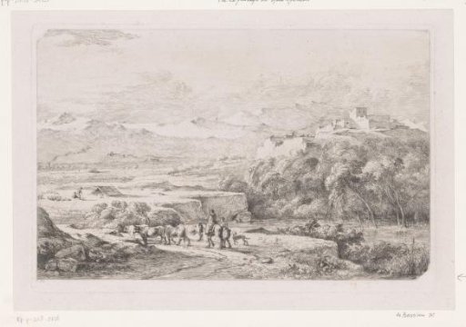 Landscape with two figures and four cows on the left and a ruin on a hill on the right