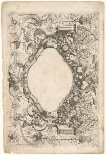 Title page with cartouche featuring scrollwork, surrounded by playing putti amidst flora and fauna