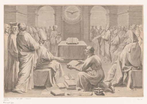 Council with the Holy Spirit above the Gospel, surrounded by clergy