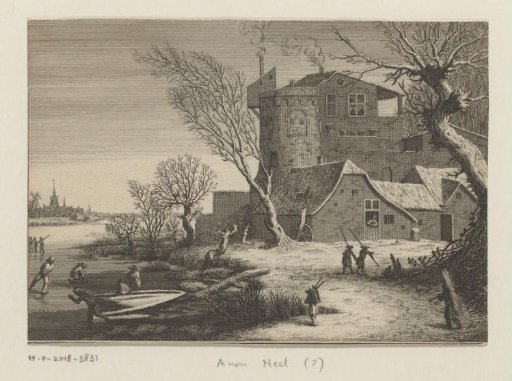 Winter view of a building on a frozen river