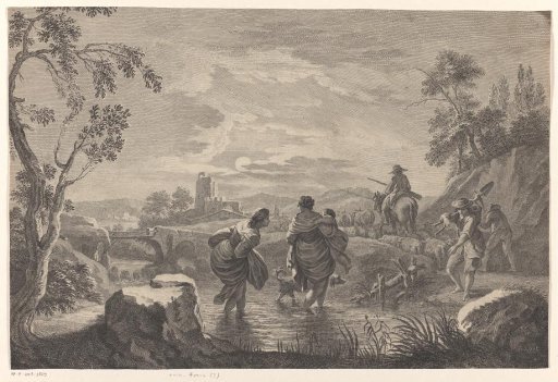 River landscape with figures crossing