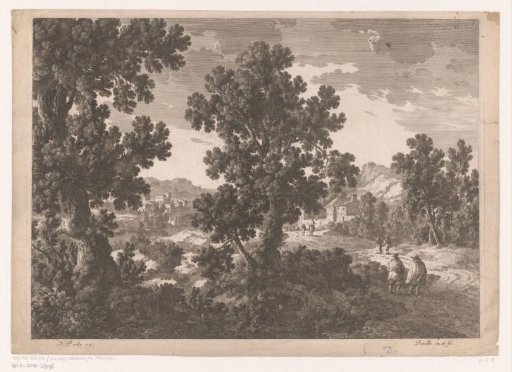 Landscape with walkers on a country road near a city