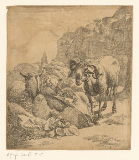 Standing ram, lying goat, and two sheep