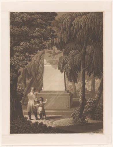 Man with a child before a monument to a fallen army officer