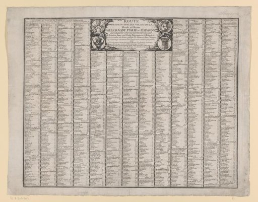 Sheet with the routes to and from various major cities in Western Europe