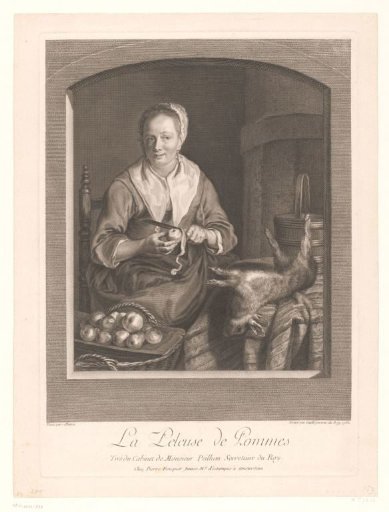 Apple-peeling woman in a kitchen interior