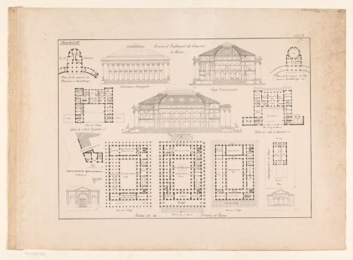 Schematic drawings and plans of the stock exchange and the Tribunal de commerce in Paris