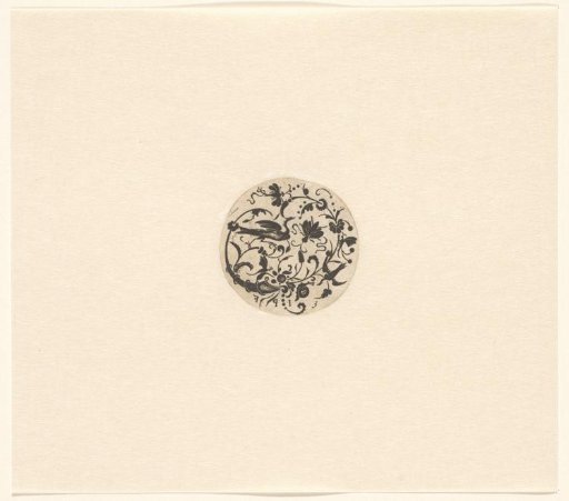 Design for a lid or pendant with birds, insects and floral motifs