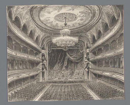 Interior of a theater hall, viewed from the rear balcony
