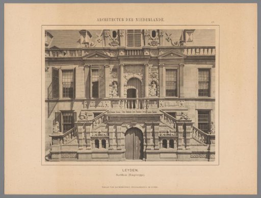 View of the stairs leading to the entrance of the Town Hall in Leiden
