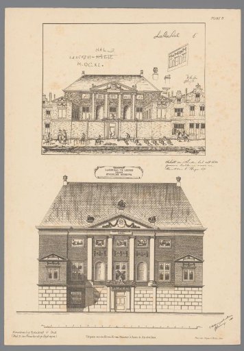 Reproduction of drawings from 1640 and 1884 of the Lakenhal in Leiden