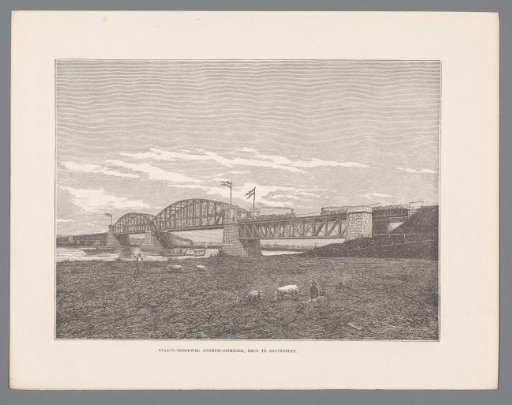 Reproduction of a drawing or print with a view of the railway bridge at Oosterbeek