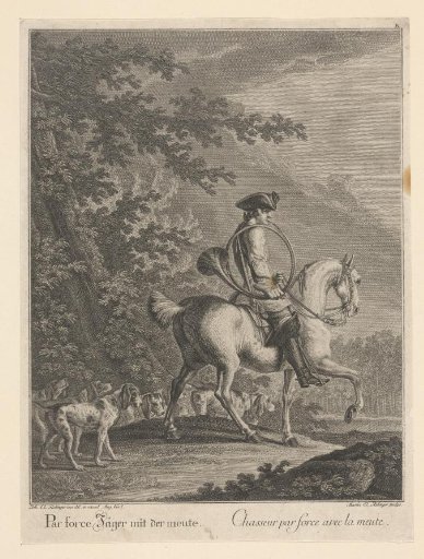 Hunter on horseback with hunting dogs blowing on a horn