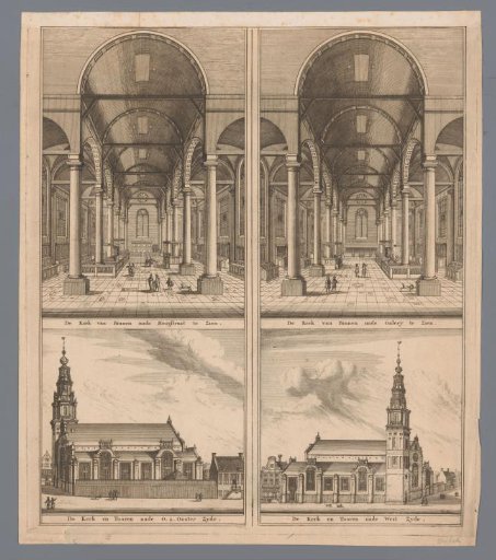 Four images of the interior and exterior of the Zuiderkerk in Amsterdam