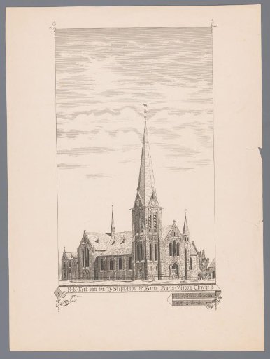 Reproduction of a design with a view of the St. Stephen's Church in Borne