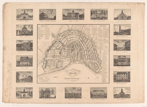 Plan of Amsterdam with an ornamental border containing eighteen city views