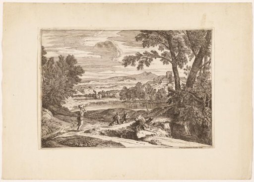 Arcadian landscape with a walking woman and a family sitting by a path