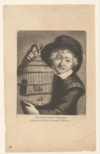 Boy with two young birds in a cage